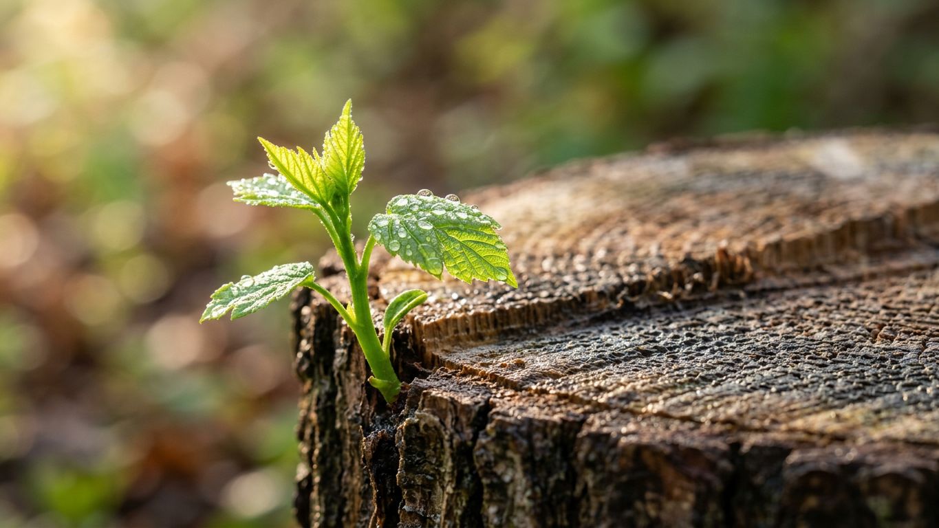 Brote verde nuevo y vigoroso brotando de una raíz cortada con luz de mañana sobre madera