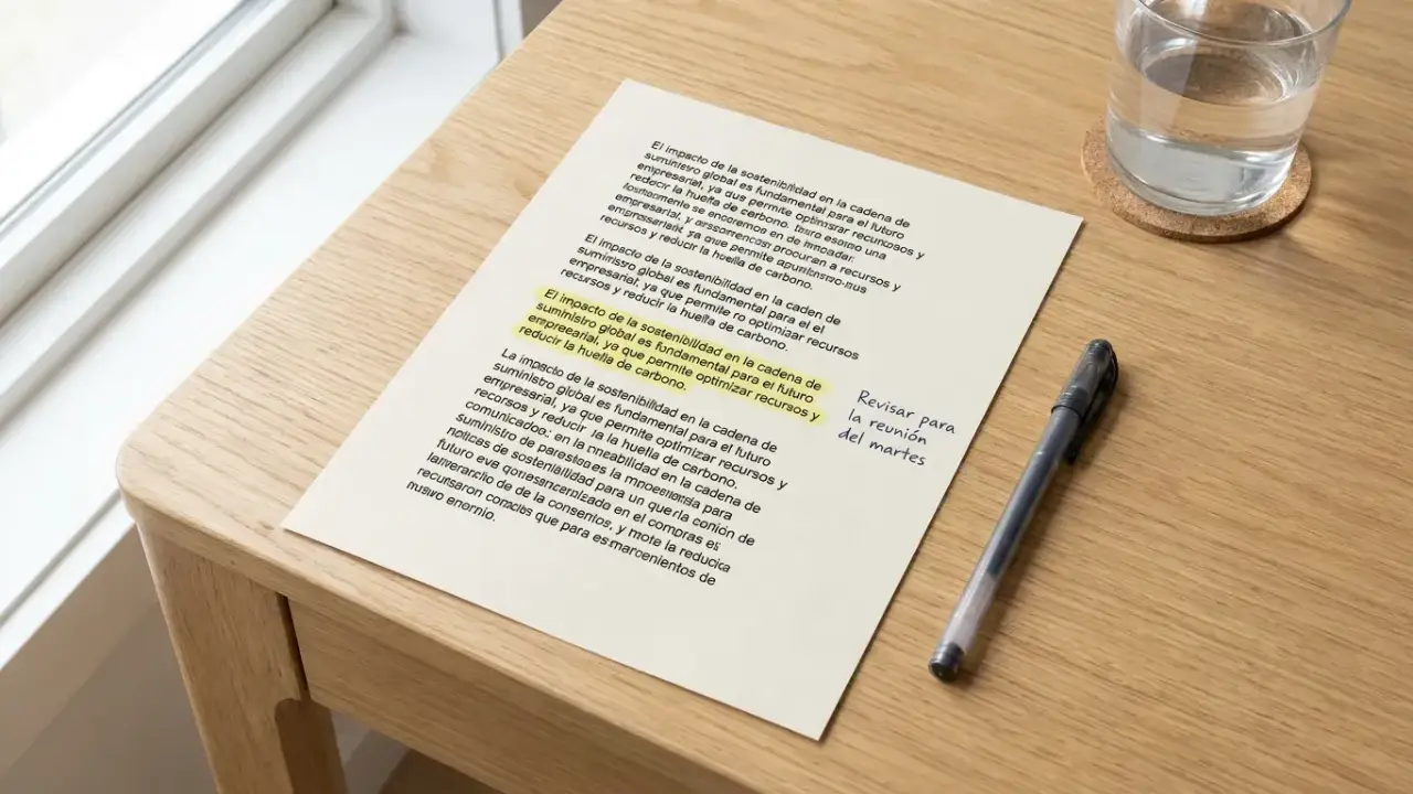 Documento impreso sobre mesa de madera clara con un párrafo marcado y una nota manuscrita al margen
