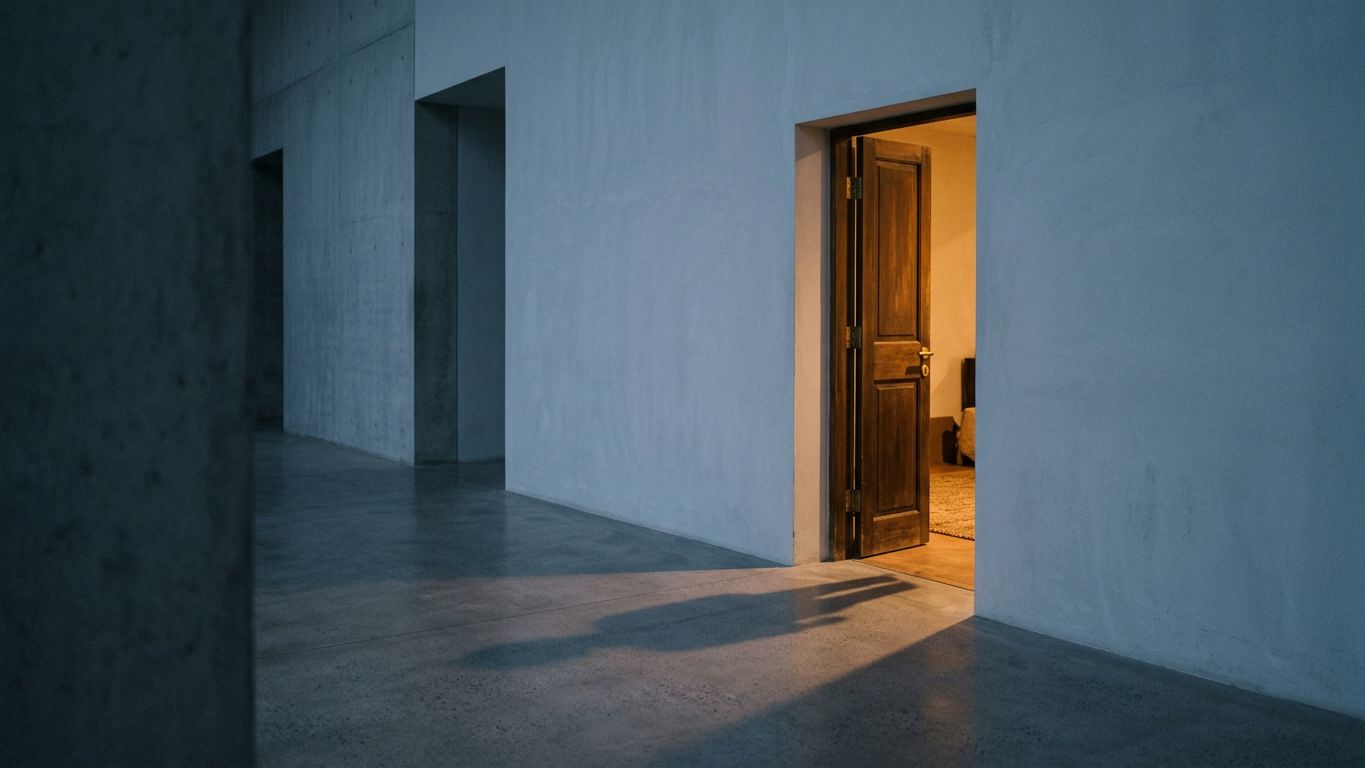 Puerta entreabierta con luz cálida al otro lado, umbral en penumbra azulada que representa la duda antes de decidir