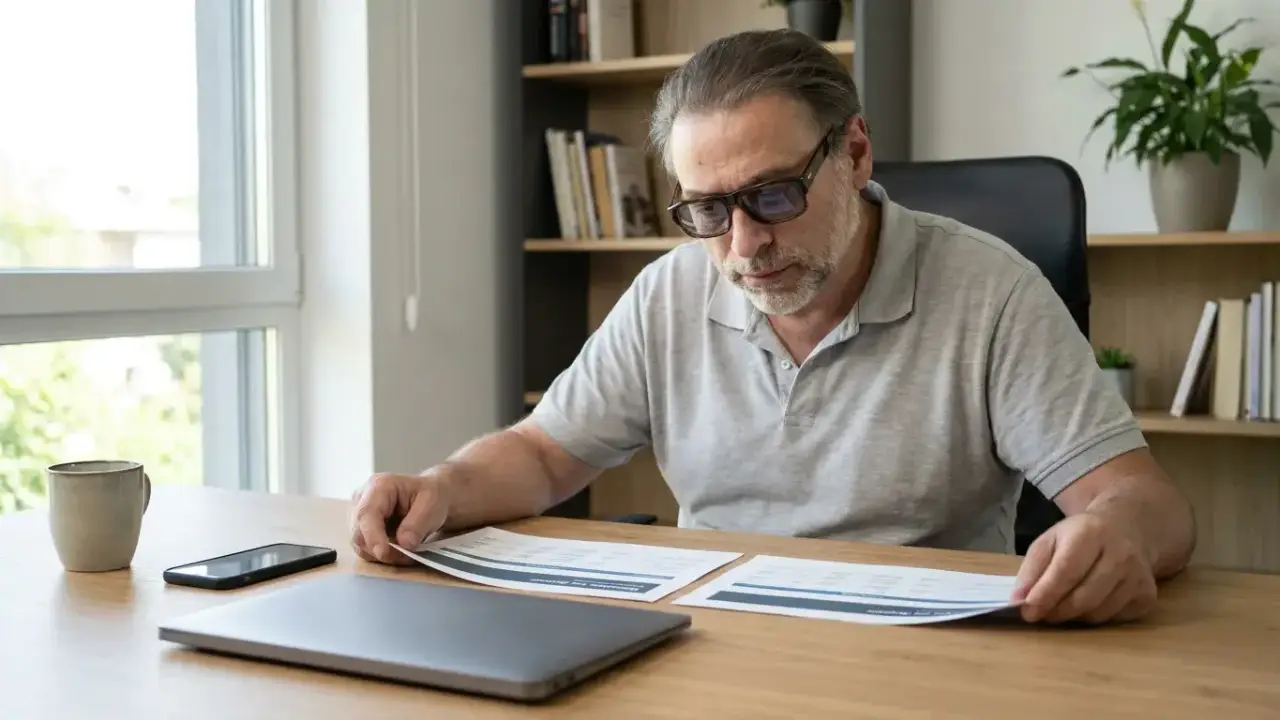 Consultor comparando dos informes idénticos, uno hecho con Inteligencia Artificial y otro sin ella, sobre su escritorio