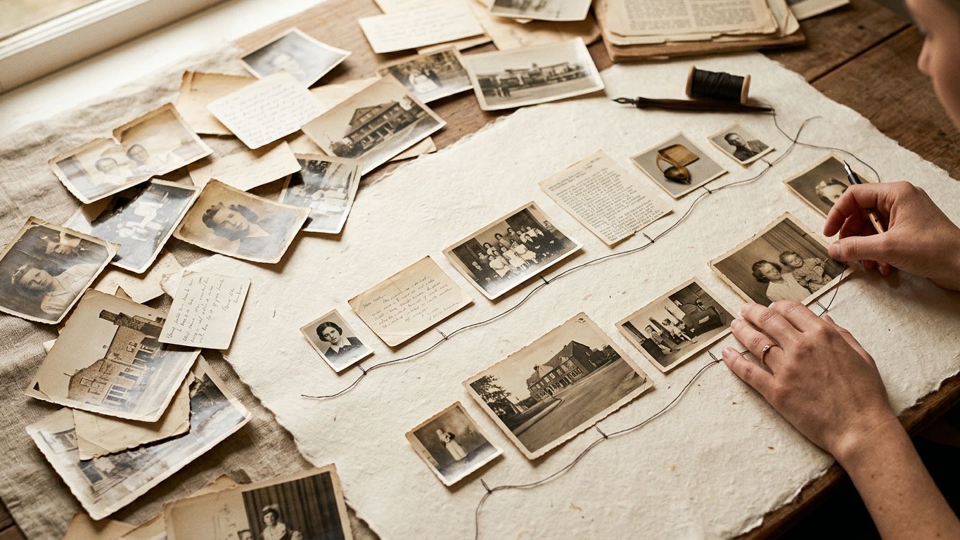 Fotografías y notas sueltas sobre papel crema que se ordenan en una línea de tiempo continua, una trayectoria que se convierte en relato.