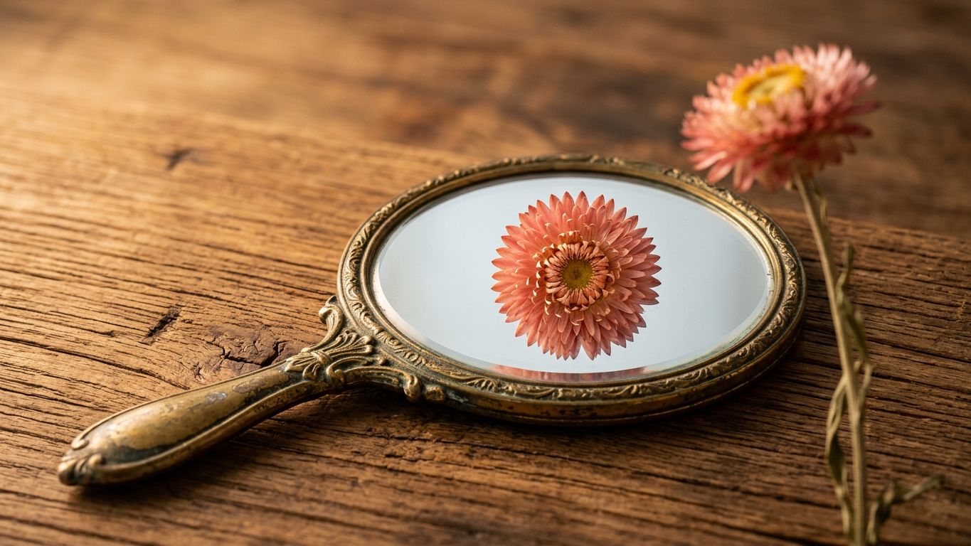 Espejo de mano sobre madera cálida reflejando solo el ángulo frontal de una flor seca, los lados permanecen fuera de vista