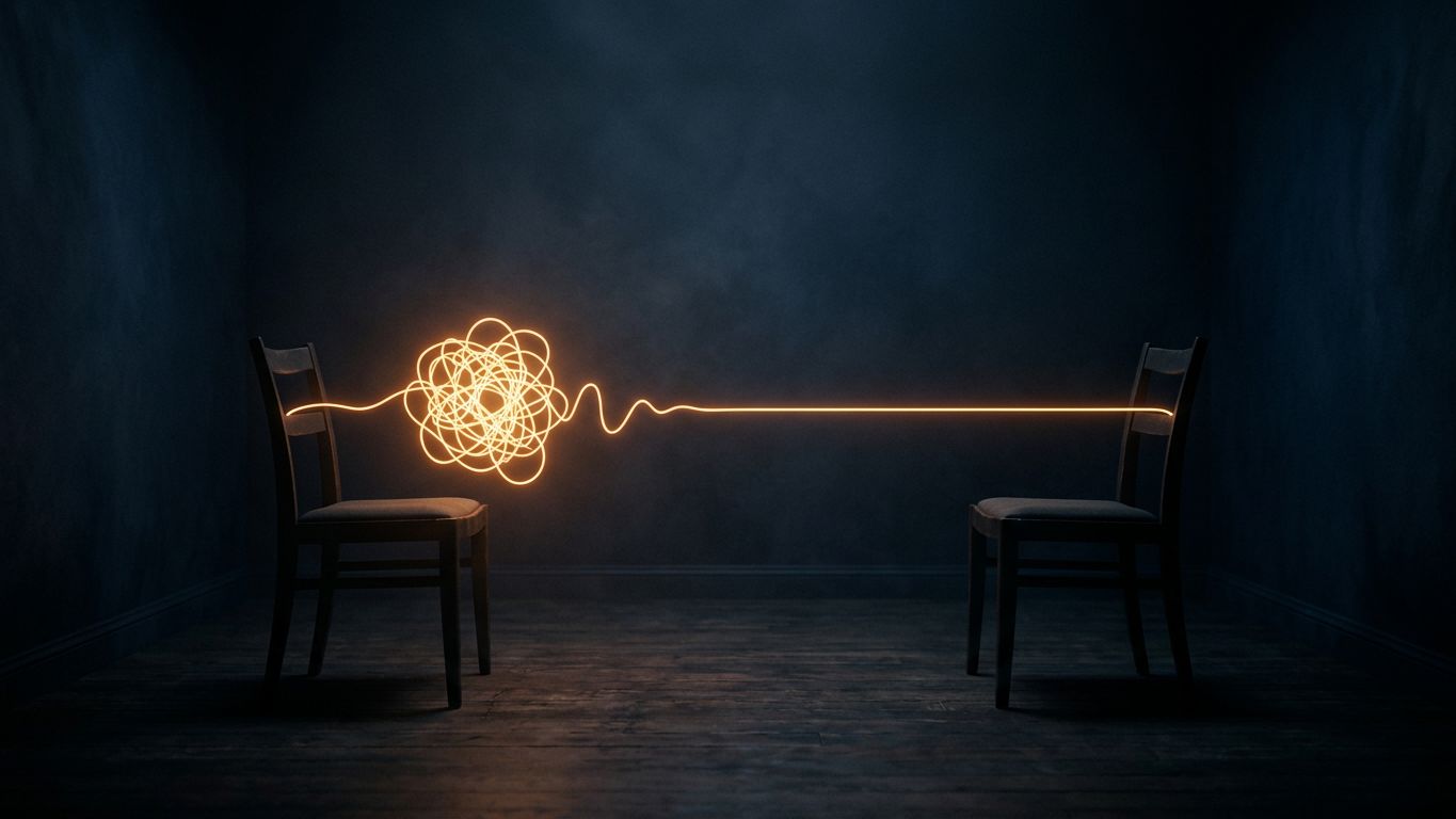 Dos sillas enfrentadas con un hilo luminoso que pasa de nudo enredado a línea recta, metáfora de ordenar el pensamiento al hablarlo con alguien con criterio.