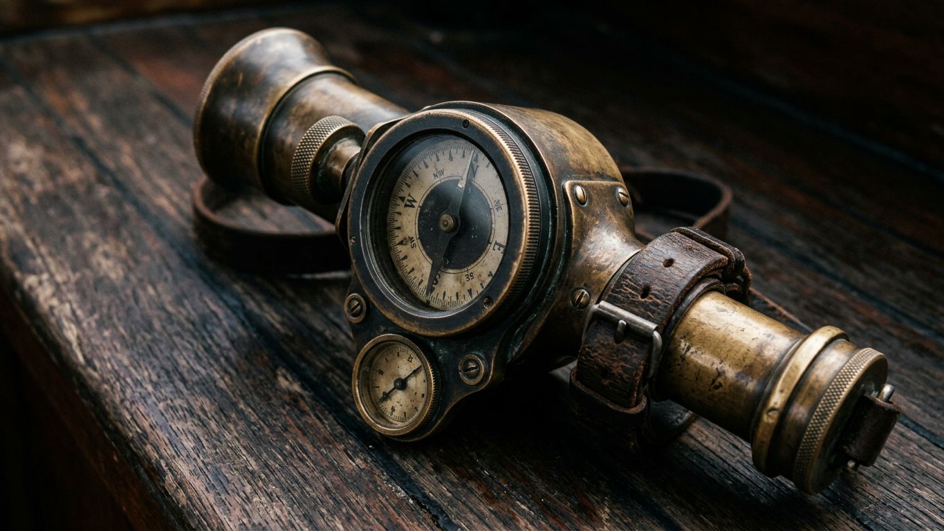 Instrumento náutico vintage de bronce con dos diales sobre madera oscura, metáfora de medir el progreso real en un negocio profesional