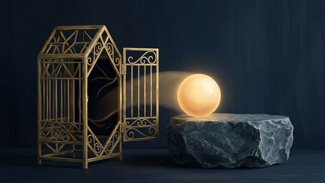 Esfera de luz dorada saliendo de una estructura de latón abierta y posándose en un pedestal de piedra, fondo azul marino.