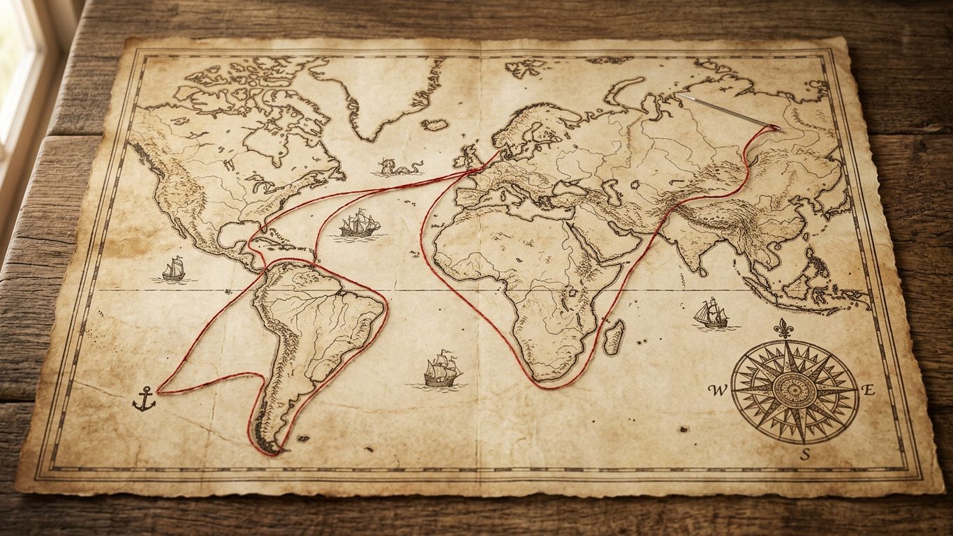 Mapa cartográfico antiguo sobre papel sepia con un hilo rojo trazando un nuevo rumbo desde el mismo punto de partida