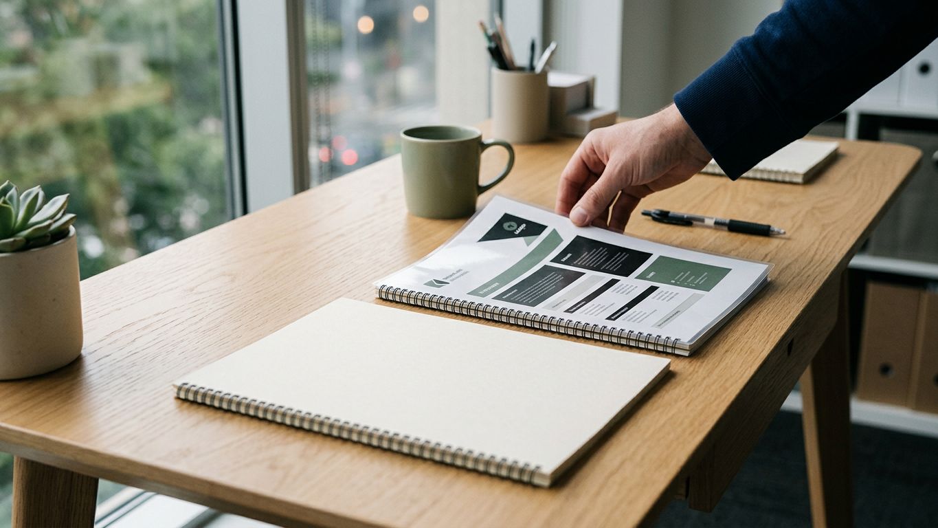 Dos propuestas profesionales sobre escritorio, una con portada ordenada y otra en blanco, una mano alcanza la estructurada
