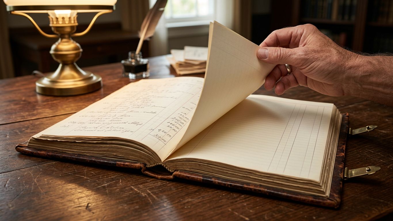 Libro de contabilidad de cuero abierto sobre mesa de madera con una mano pasando la página hacia un capítulo nuevo