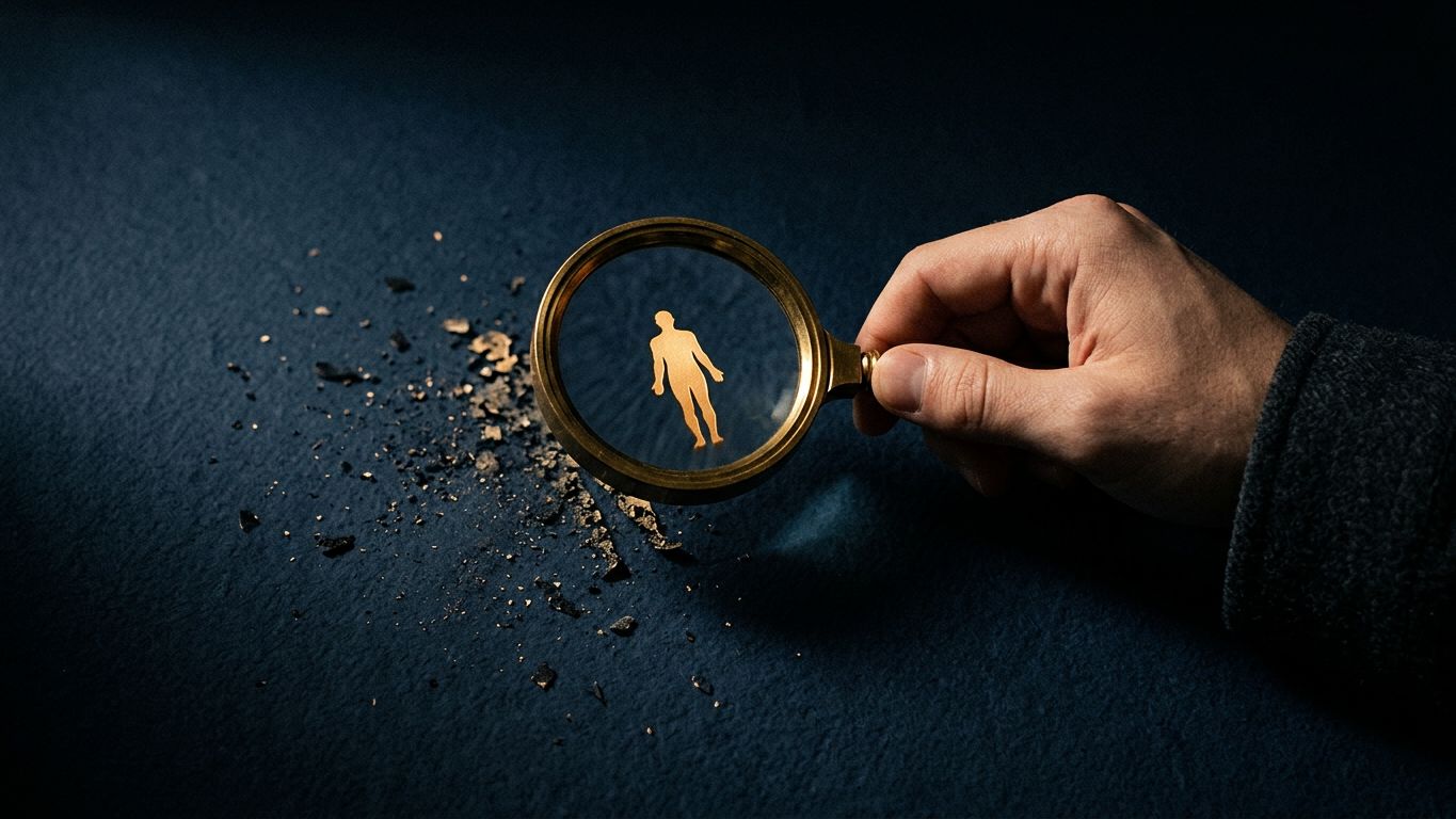 Una lupa muestra nítida y coherente una figura que fuera del cristal aparece fragmentada y dispersa, sobre fondo oscuro