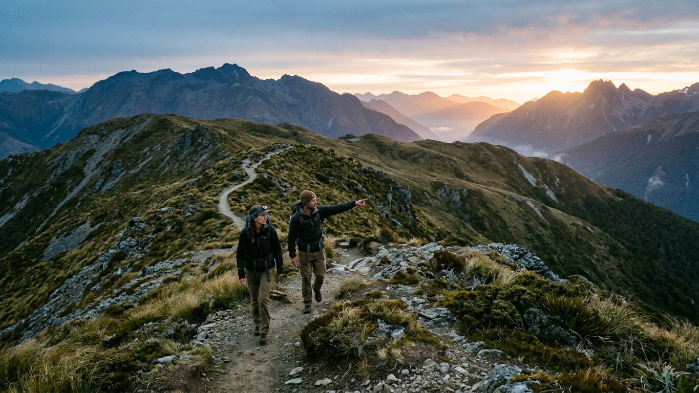 Dos excursionistas en una cima al amanecer, uno señala el camino al otro, elegir como guía a quien ya recorrió tu mismo terreno.