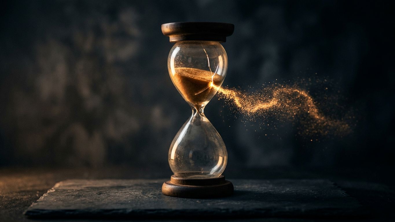 Reloj de arena cuyo polvo dorado se escapa por una grieta lateral y nunca llega a la base, sobre fondo oscuro