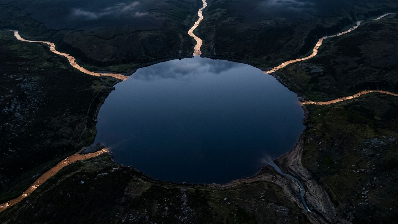 Vista aérea de varios canales de agua que alimentan un mismo depósito y uno agrietado casi seco, metáfora de varias vías de clientes frente a una sola frágil.