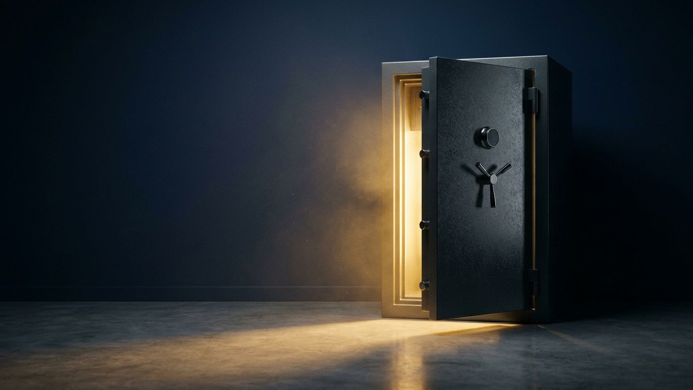 Caja fuerte entreabierta de la que sale luz dorada, metáfora del conocimiento que compartido construye autoridad en vez de perderse.