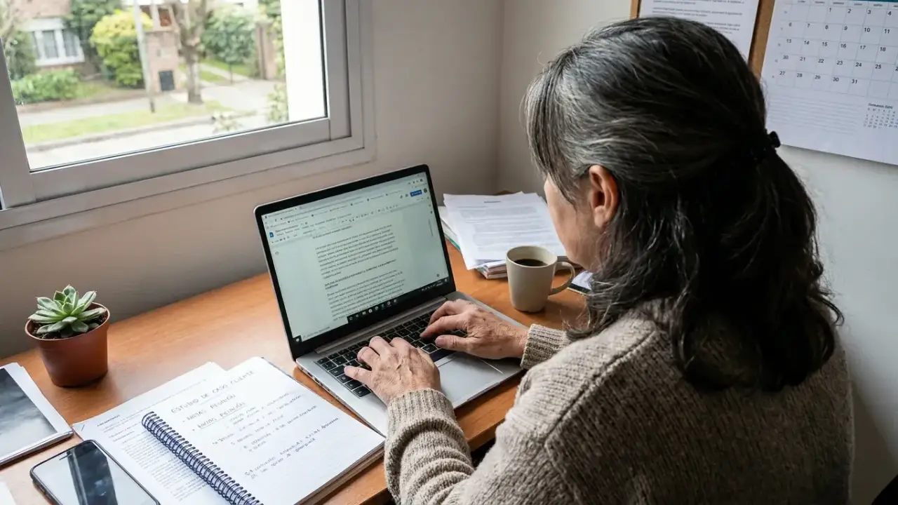 Mujer real profesional escribiendo en portátil un caso de trabajo con notas manuscritas en español al lado, oficina real con luz natural de ventana, plano sobre el hombro