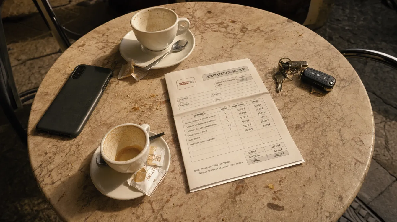 Mesa de café con dos tazas usadas y un presupuesto de servicio impreso encima