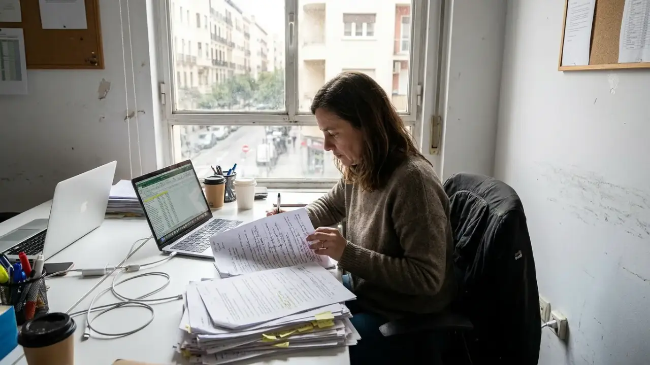 Profesional revisando una pila de correcciones manuscritas junto a un portatil en una oficina real