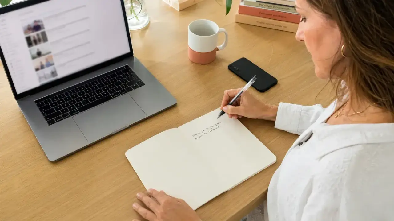 Profesional escribe en un cuaderno la única decisión que quiere tomar, con el portátil y una lista de lecciones apartados a un lado