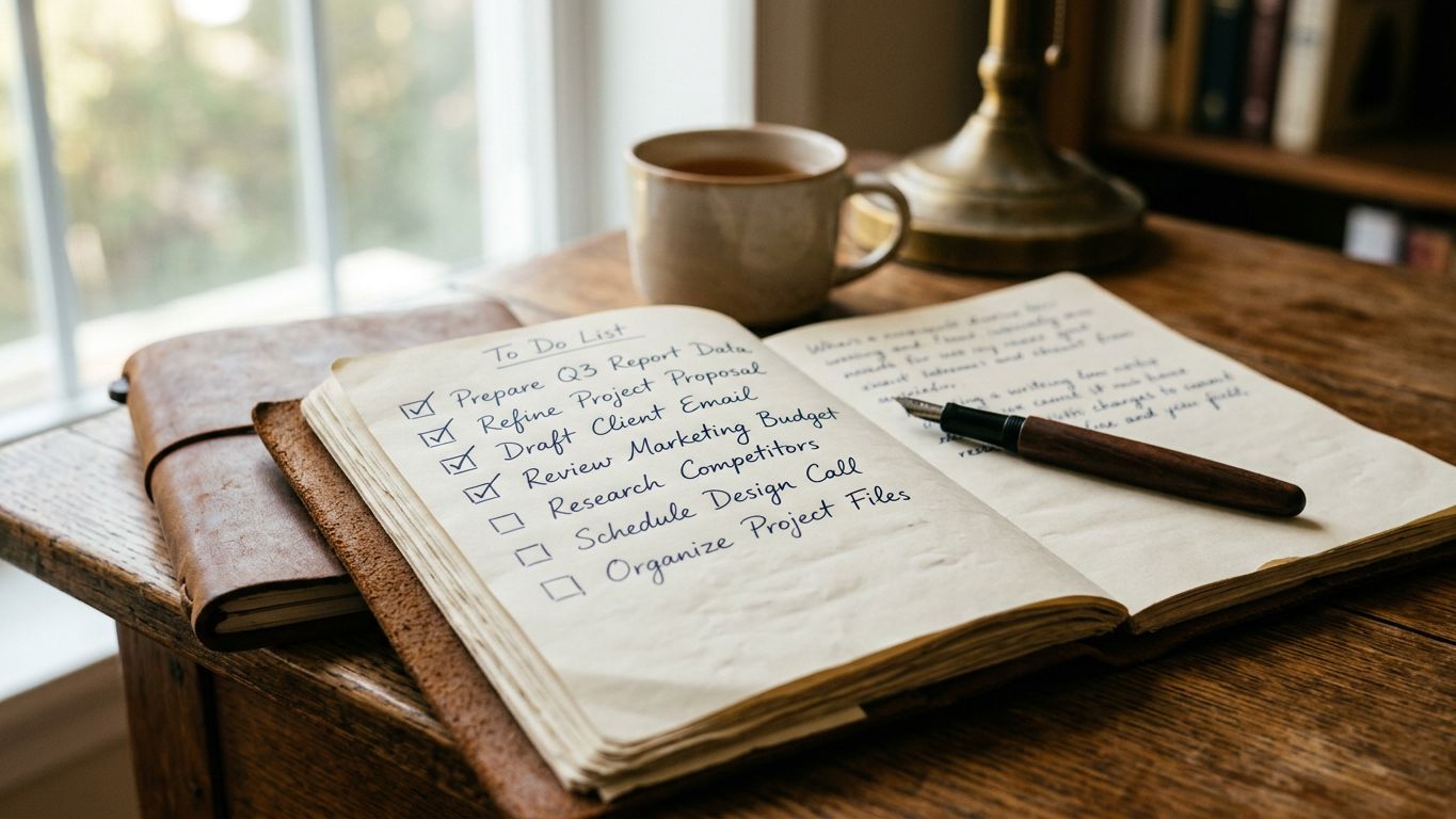 Cuaderno de cuero abierto con lista de seguimiento sobre escritorio de madera, luz cálida de tarde, paleta tostado y crema