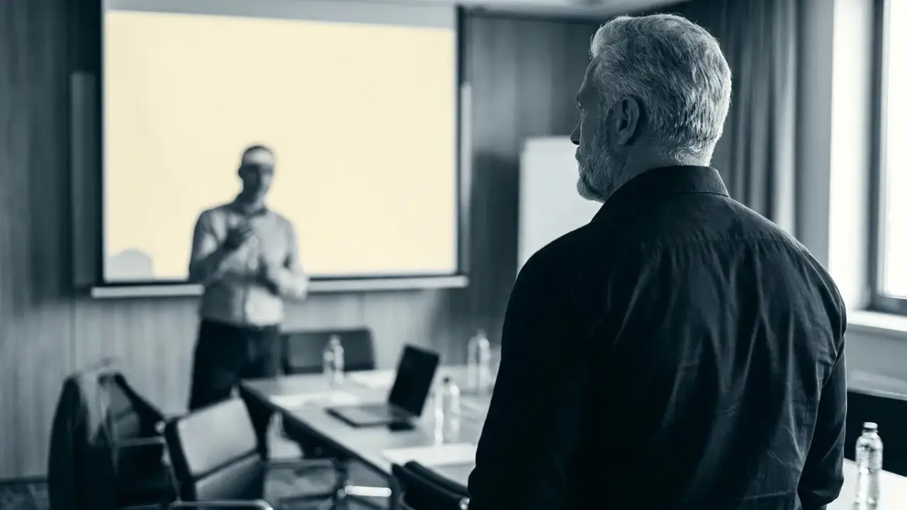 Hombre al fondo de una sala mientras otra persona presenta en una pantalla, luz lateral fría, el trabajo que firma otro