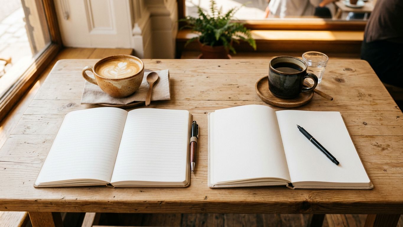 Dos libretas abiertas en mesa de cafetería con dos tazas de café, vista cenital con luz cálida, metáfora del aprendizaje entre iguales en grupos de pares profesionales