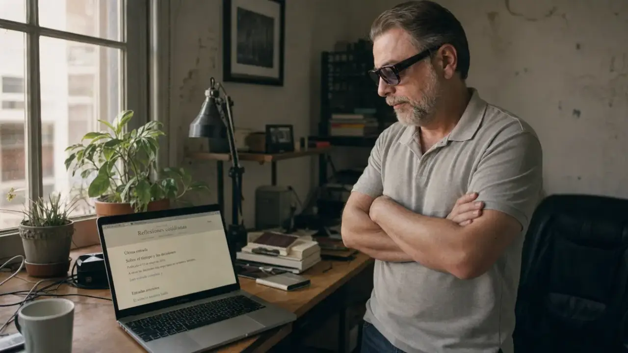 Hombre de mas de cincuenta anos mirando en su portatil un blog cuya ultima entrada es antigua