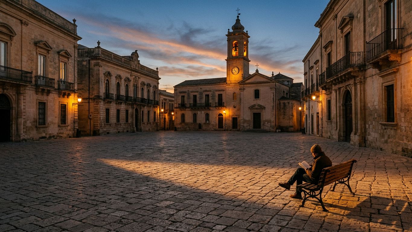 Vista aérea de plaza empedrada al atardecer con figura solitaria leyendo en banco, sombras doradas largas, atmósfera contemplativa