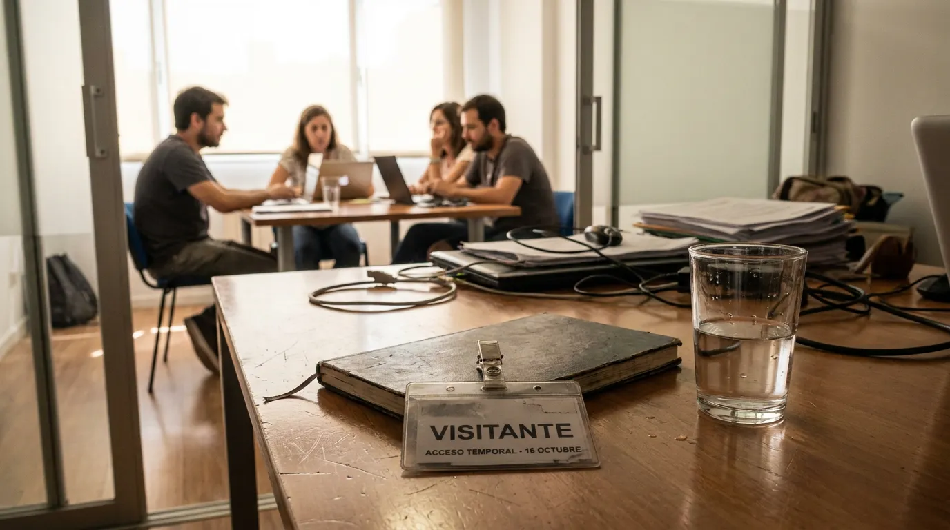 Tarjeta de visitante sobre una mesa de reunión y, al fondo, la sala donde se decide