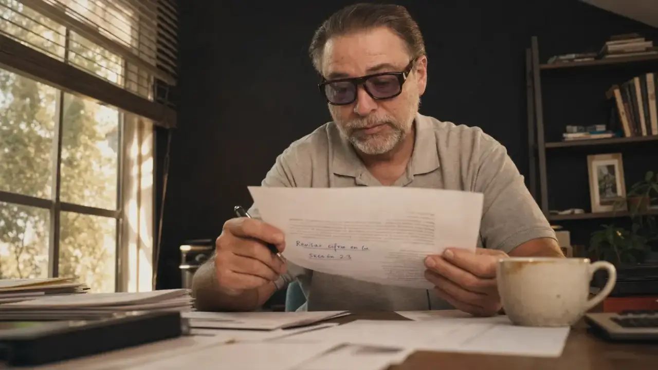 Hombre real de unos cincuenta años (@yo) revisando un documento con una corrección anotada a mano junto al portátil, escritorio real con signos de uso, luz cálida de tarde