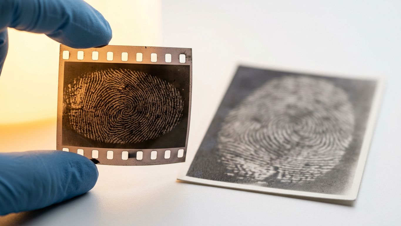 Negativo fotográfico original junto a una copia en papel de menor nitidez, bajo luz de estudio cálida