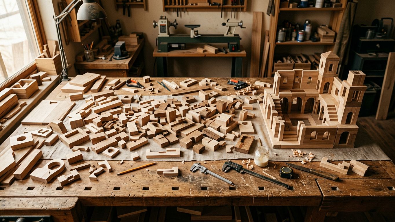 Piezas de madera sueltas sobre mesa de taller que se organizan en una estructura coherente bajo luz cálida de taller