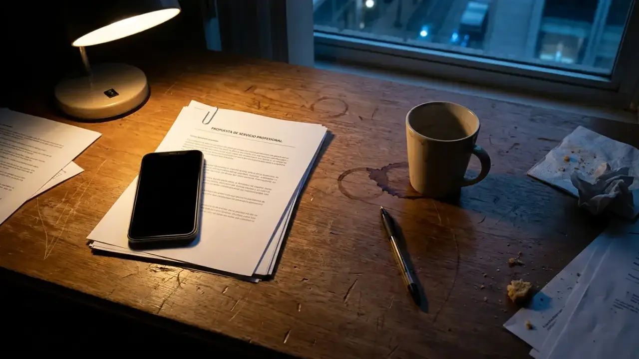 Escritorio de noche con una propuesta de servicio impresa y un movil con la pantalla apagada
