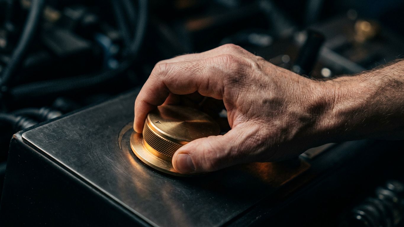Una mano tensa duda al girar hacia arriba un dial de latón que se ilumina, con la tensión solo en la mano