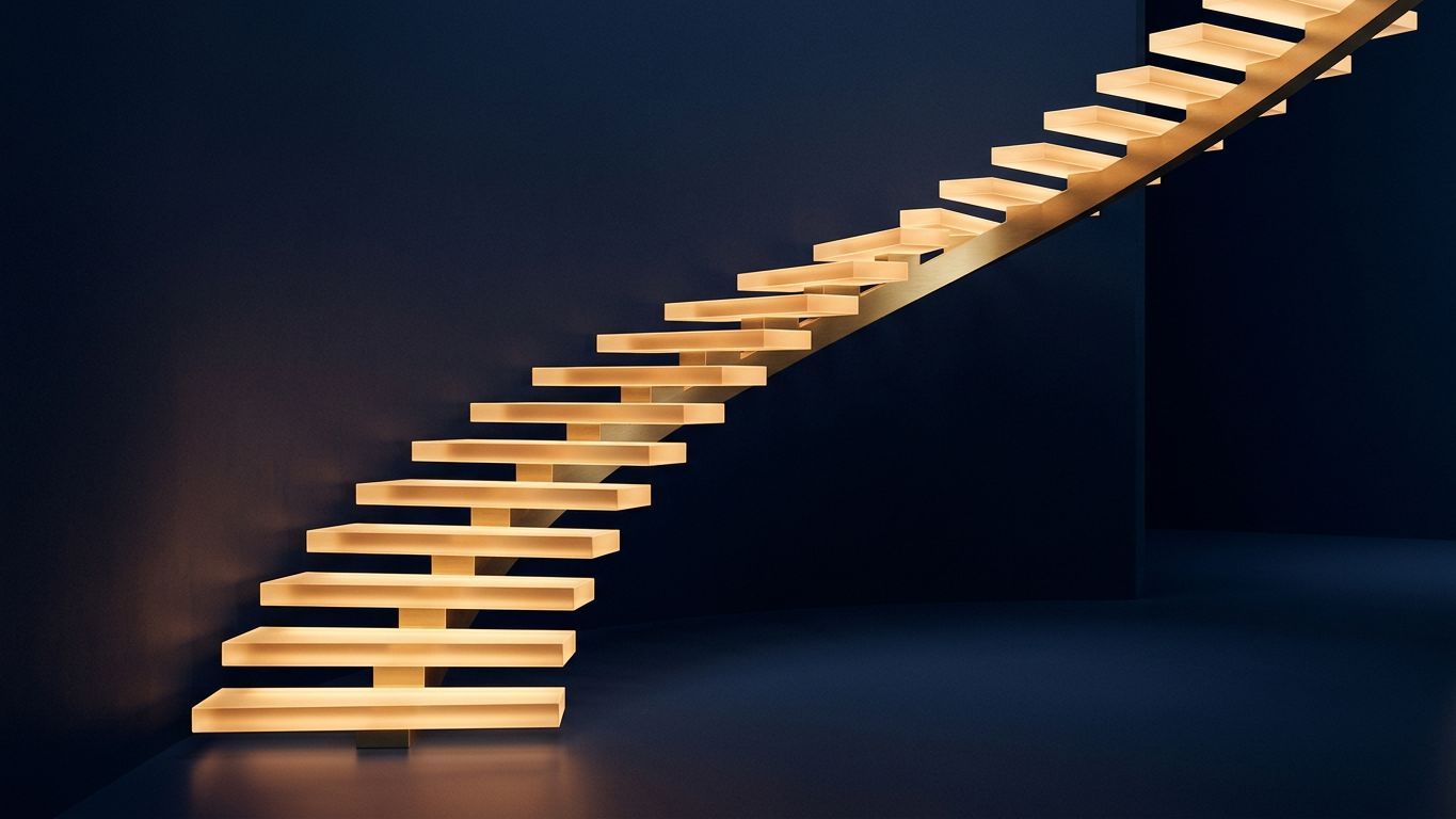 Escalera ascendente de peldaños cálidos sobre fondo navy, símbolo de una relación con el cliente que produce ingresos durante años.