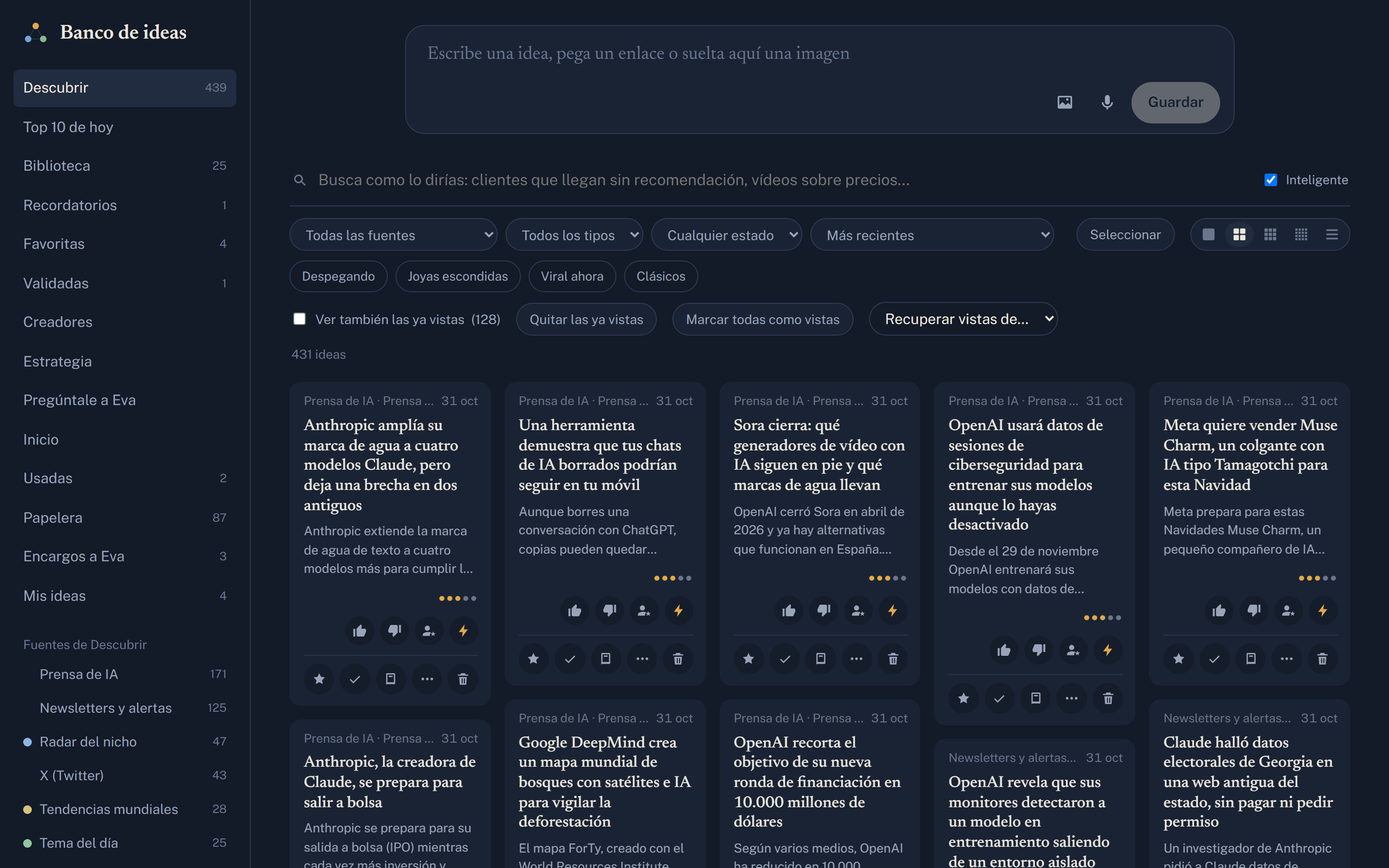 Pantalla del Banco de ideas con las ideas nuevas del día por fuente