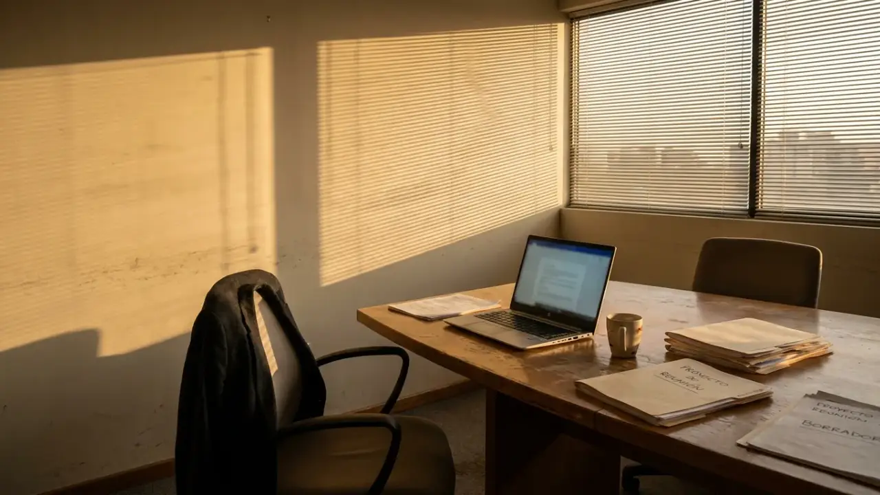 Sala de reuniones vacía al final de la tarde, una silla apartada con una chaqueta y un portátil encendido sobre la mesa