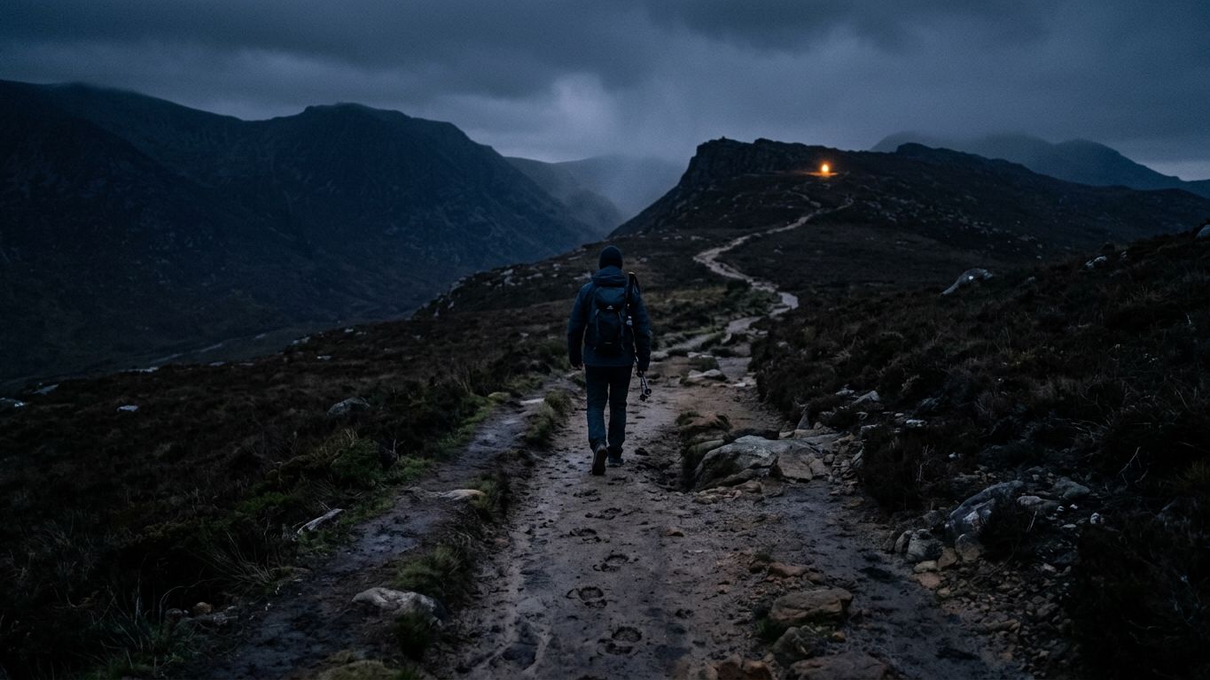 Sendero de montaña al anochecer con huellas ya marcadas que una figura sigue hacia una luz cálida en la cima