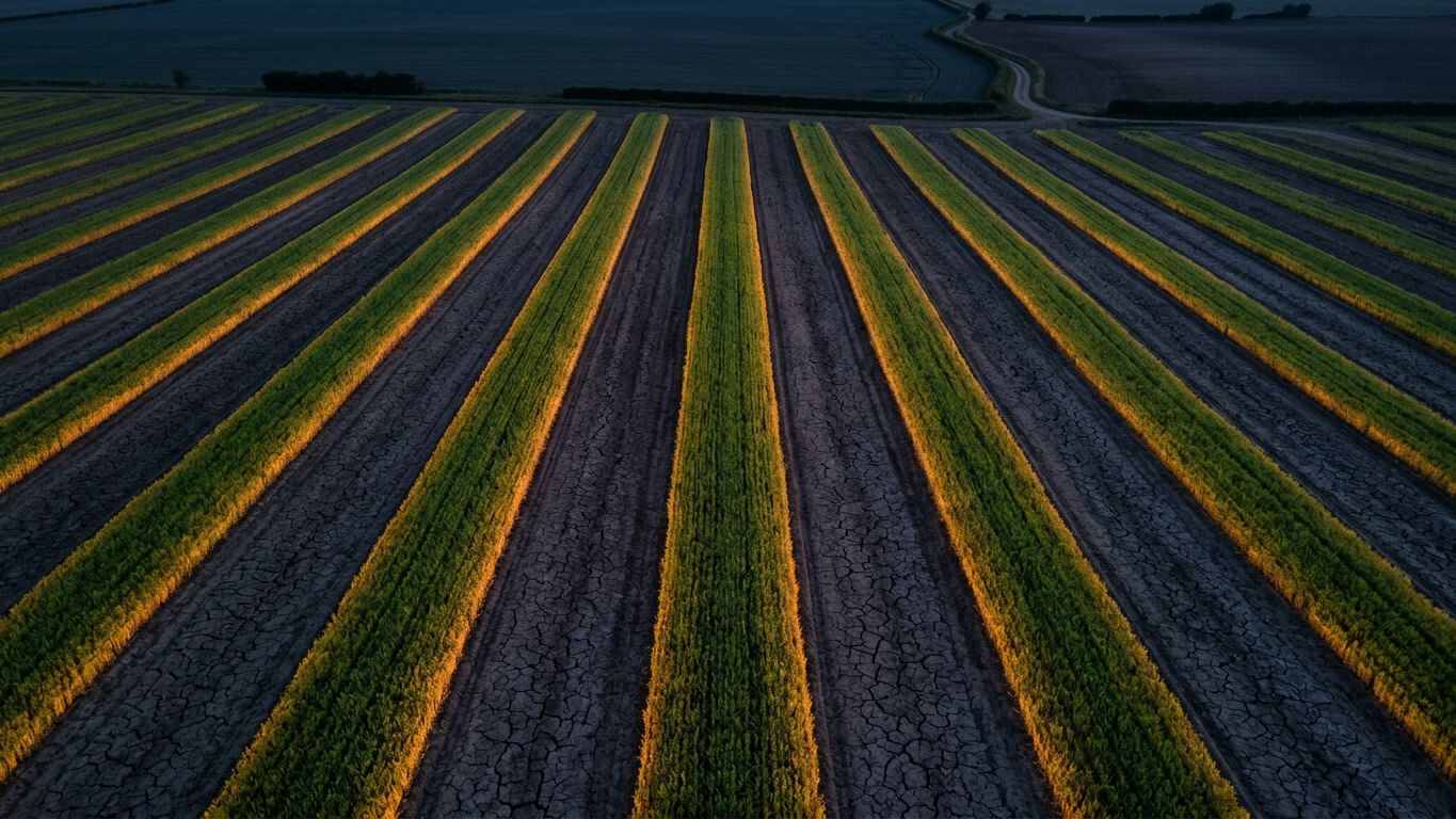 Vista cenital de tierra con franjas verdes y vivas alternadas con franjas agrietadas y secas, luz cálida al atardecer