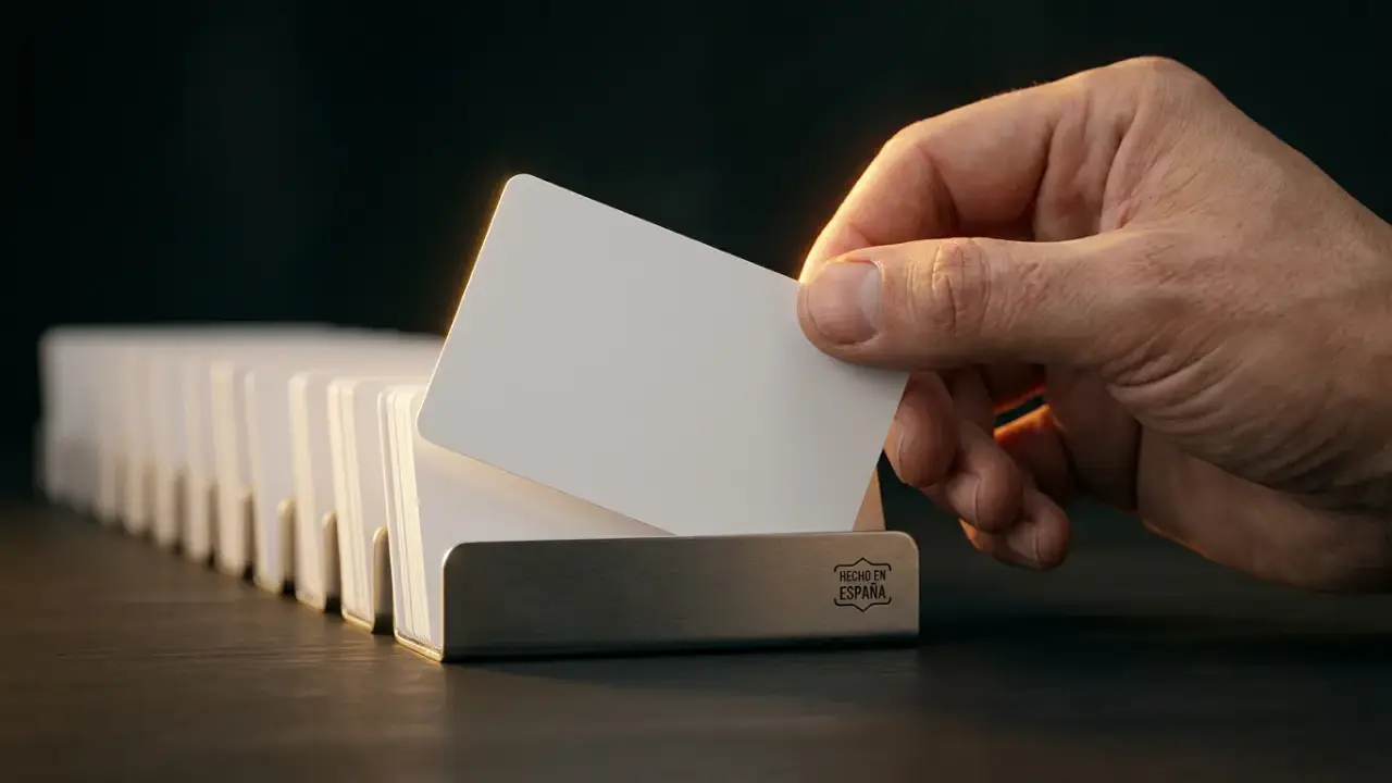 Mano levantando una tarjeta en blanco entre muchas idénticas, luz dorada sobre fondo oscuro, ser nombrado frente a ser elegido