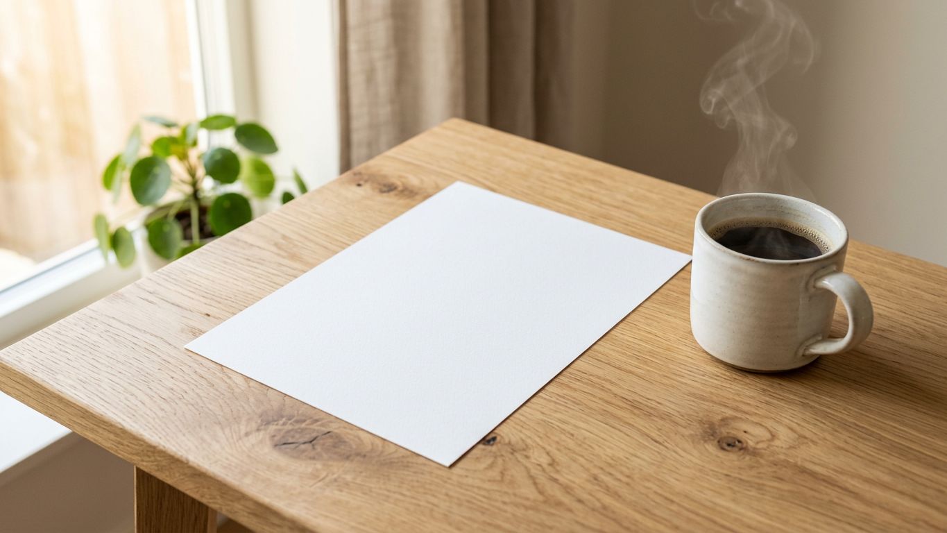Hoja de papel en blanco sobre mesa de madera clara junto a una taza de café, luz de ventana