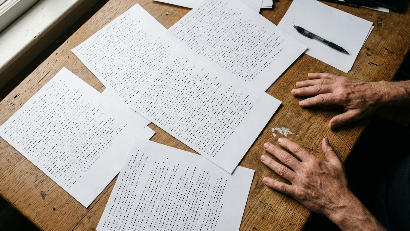 Papeles con código en puntos y rayas sobre escritorio de madera, manos abiertas que no pueden descifrar el mensaje