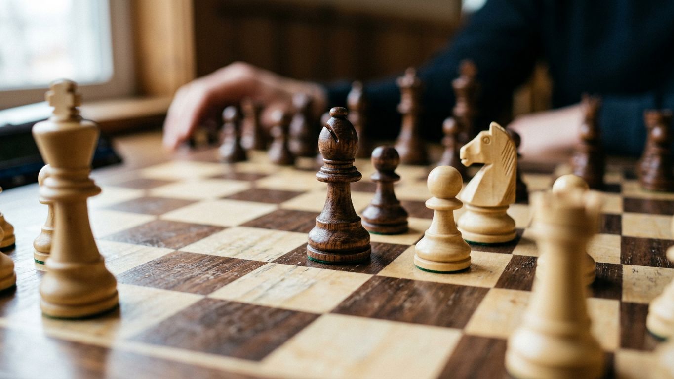 Macro de tablero de ajedrez con pieza de alfil en posición de sacrificio deliberado, metáfora de cuándo cobrar menos tiene sentido estratégico