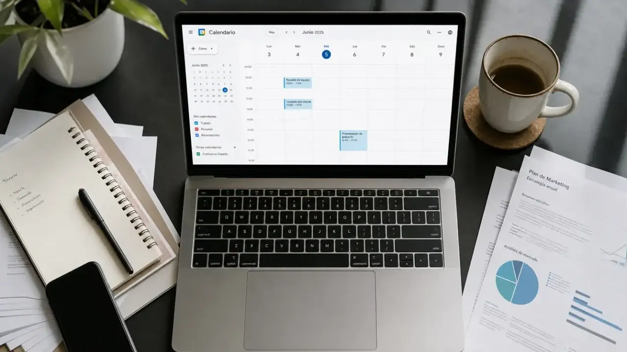 Vista cenital de escritorio real con agenda digital en portátil mostrando pocos huecos libres resaltados en español, café y papeles con signos de uso, luz natural de mañana