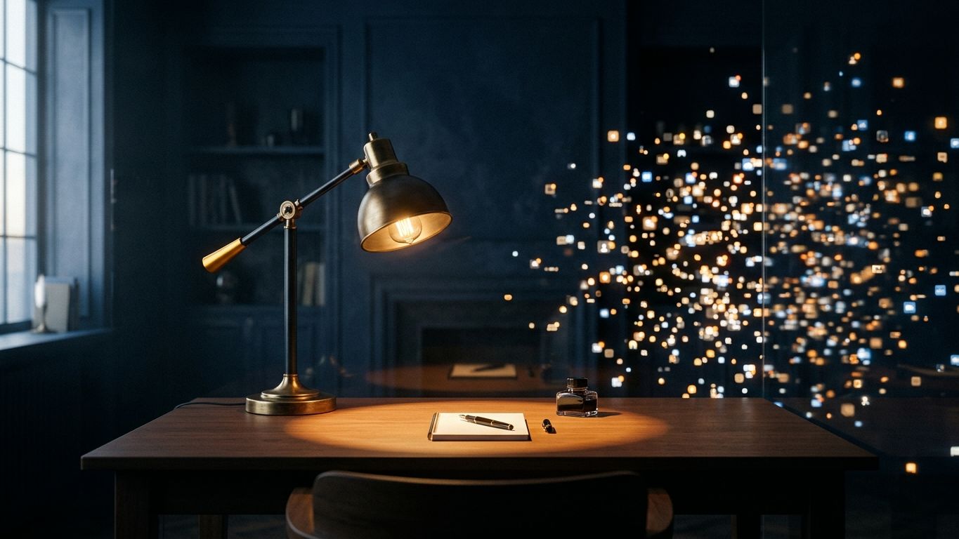 Despacho sereno iluminado por una lámpara cálida mientras notificaciones brillantes quedan fuera, símbolo de proteger el tiempo frente a la disponibilidad constante.