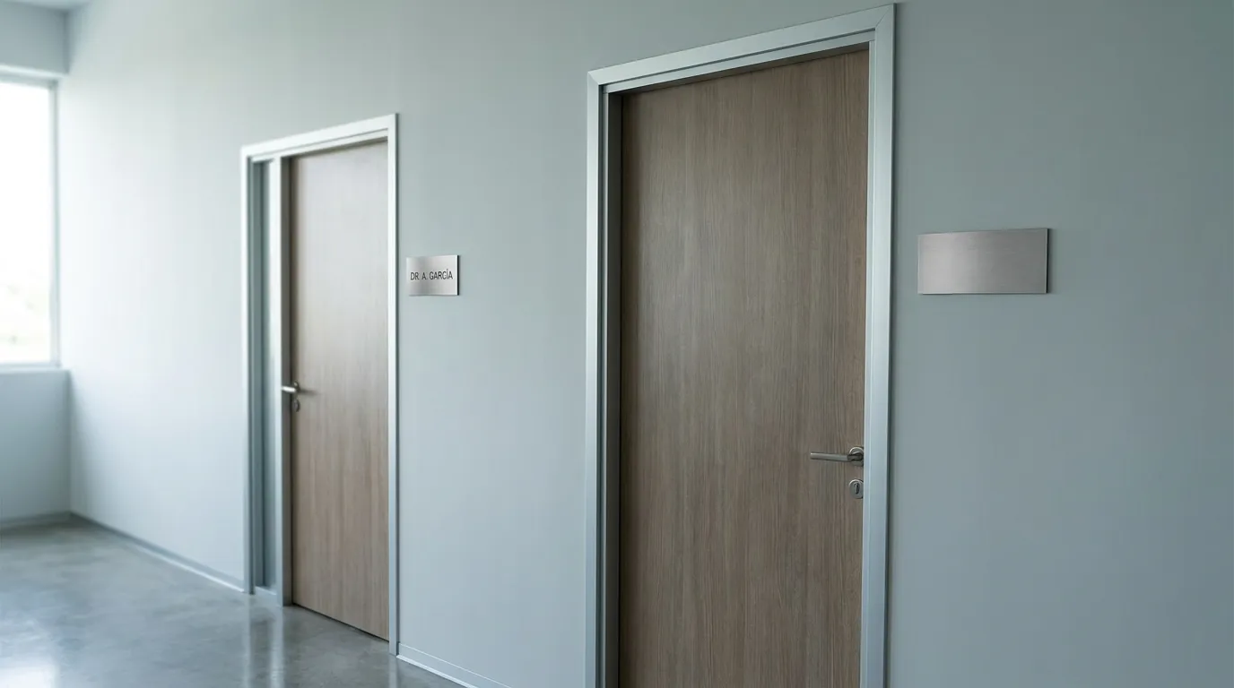 Dos puertas de despacho contiguas, una con placa rotulada y otra con la placa en blanco