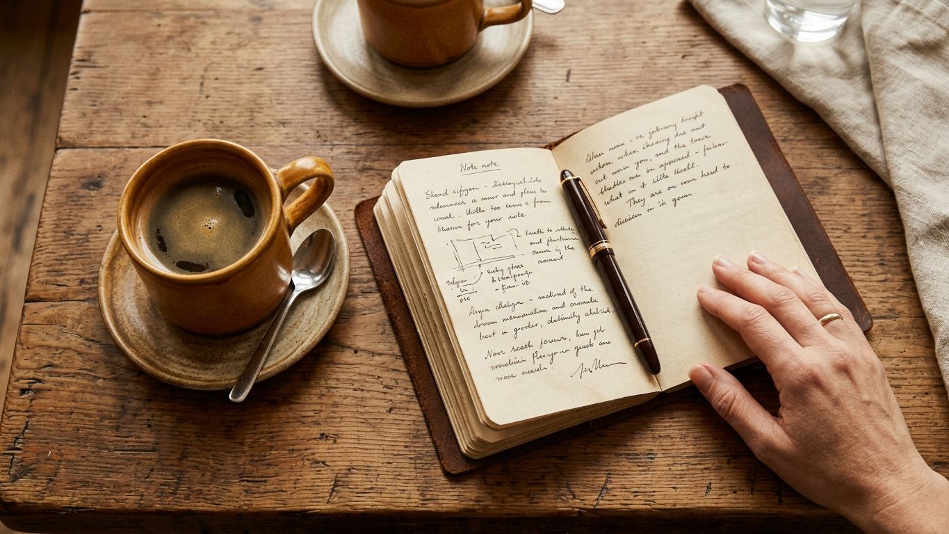 Mesa de café vista desde arriba con dos tazas y una libreta ordenadas, una mano que guía la conversación con calma