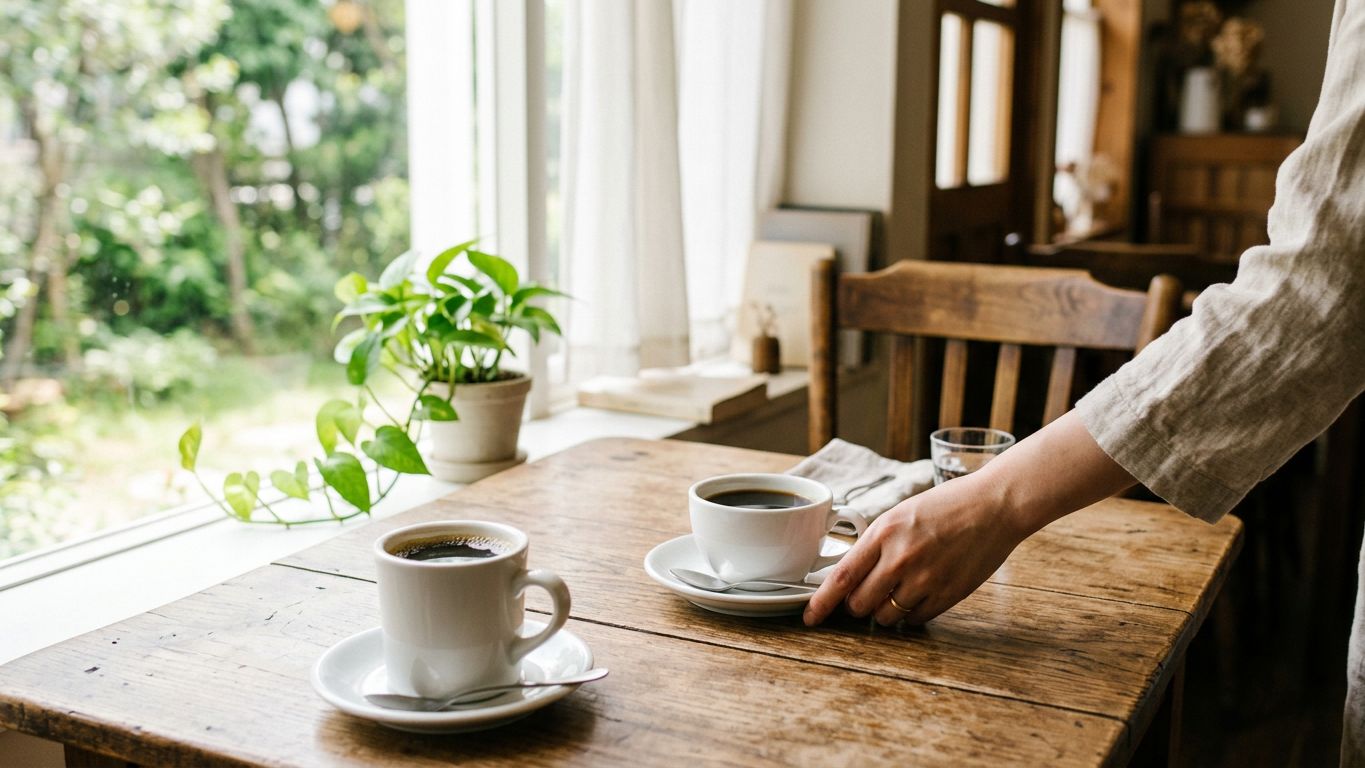 Una mano acerca una segunda taza de café a una silla vacía junto a la ventana, gesto de invitación a colaborar.