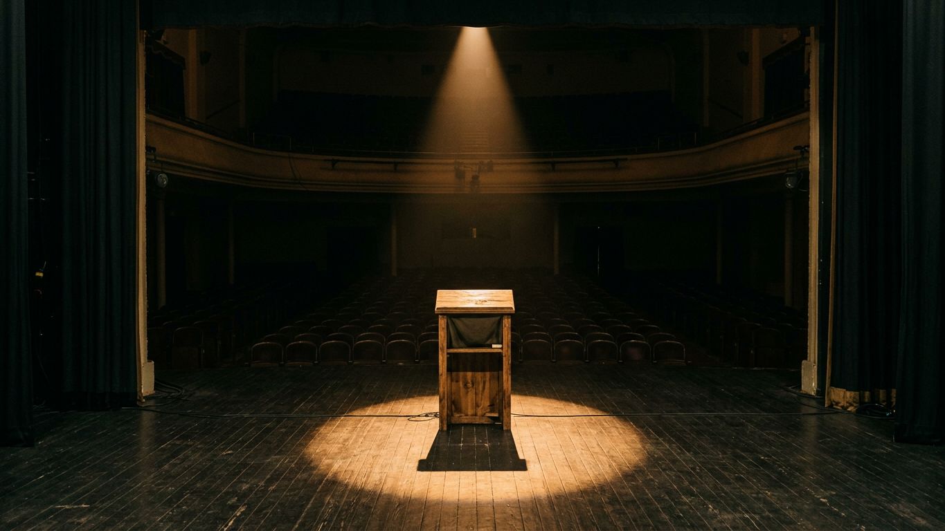 Escenario de teatro vacío con un foco de luz sobre un atril de madera, sala en penumbra