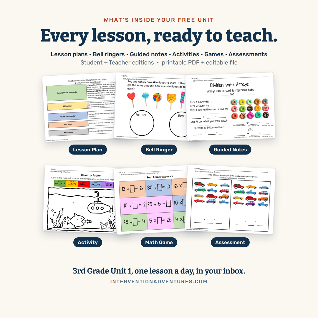 Preview of the free 3rd grade Unit 1 math intervention lessons