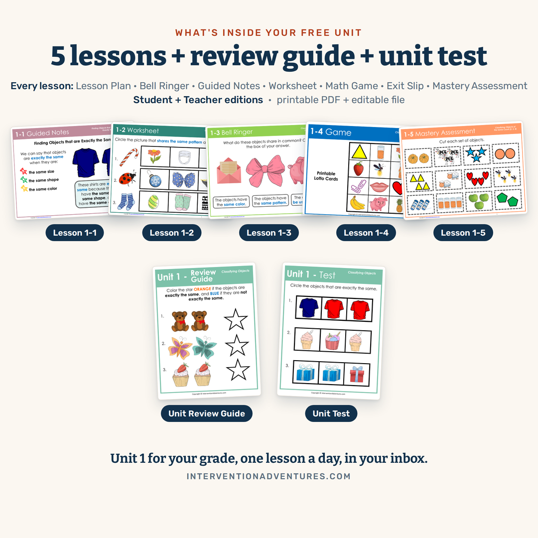 Preview of the free Kindergarten Unit 1 math intervention lessons