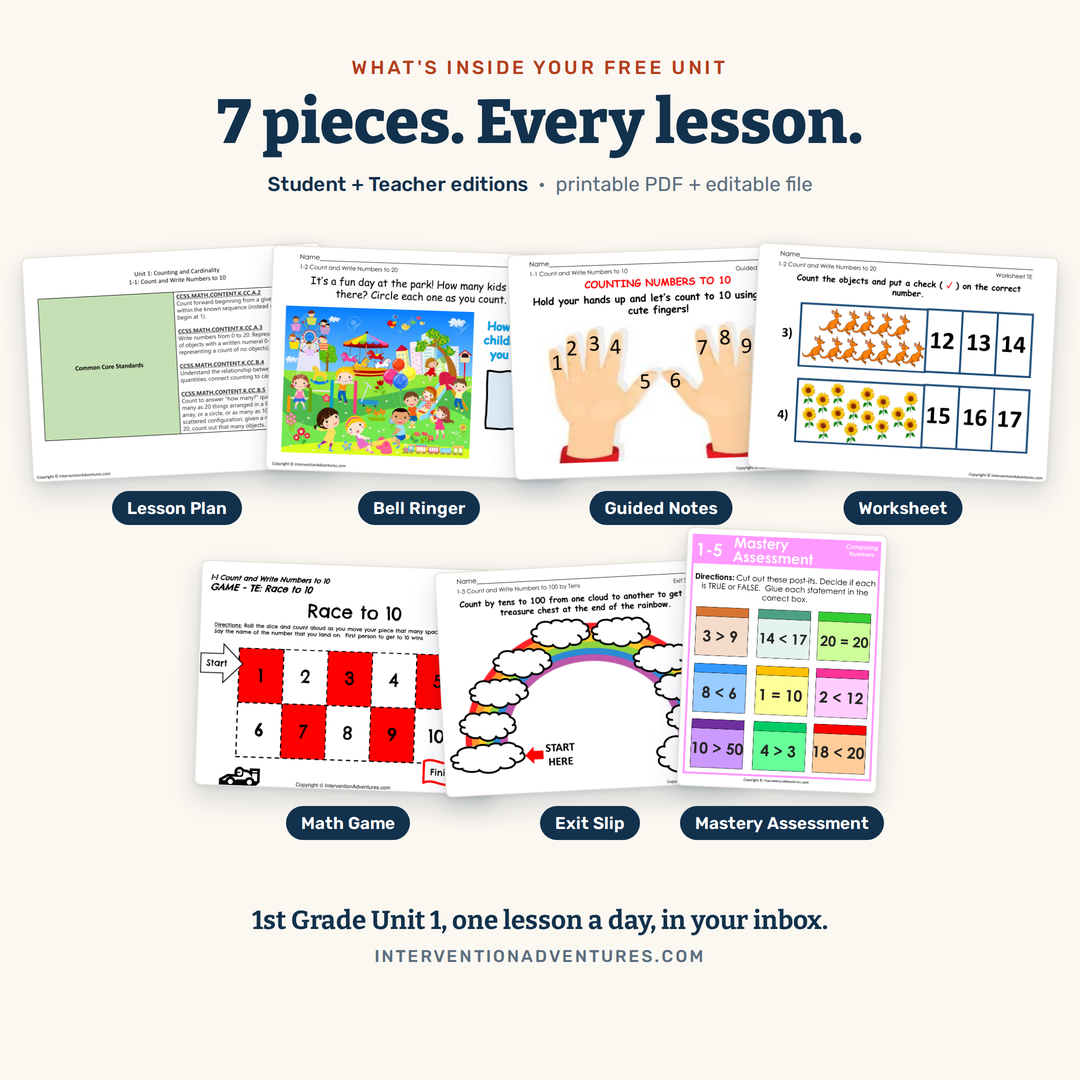 Preview of the free 1st grade Unit 1 math intervention lessons